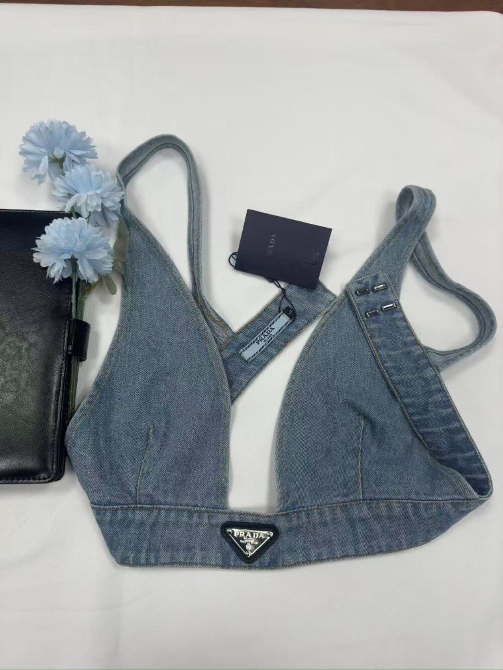 NWT Prada Iconic Logo Denim Bra Top Crop Y2K Designer Tank 🥂 - Picture 2 of 9
